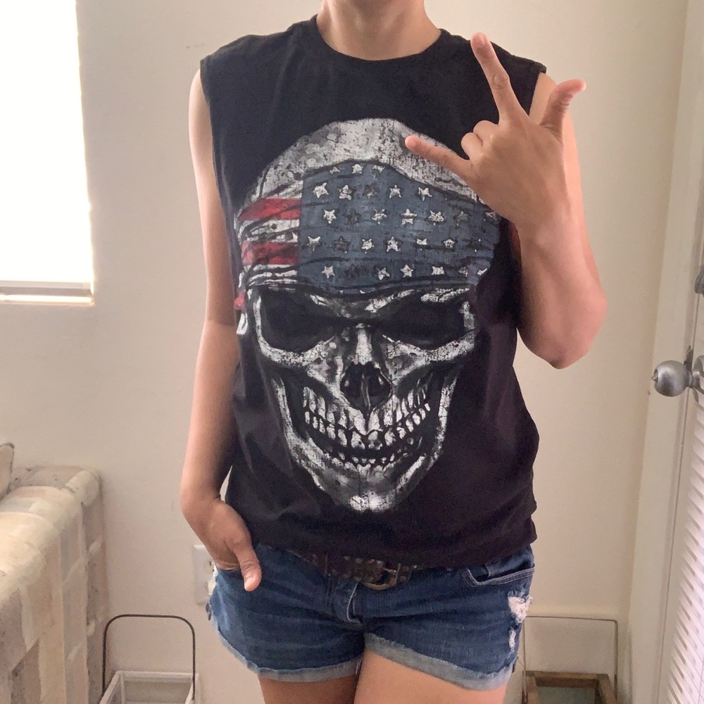 US Flag Bandana Skull Sleeveless Biker T-Shirt